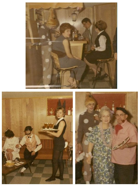 Clockwise from top: Dad pours one in the bar he built, in the basement he finished, at Nana's New Year's Eve costume party, Dad, Grandmommy and Papa, and Mom